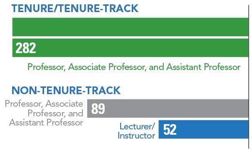 bar chart showing:
Tenure/tenure-track faculty: 282 (professor, associate professor, and assistant professor);
Non-Tenure track:
89 (professor, associate professor, and assistant professor); and 52 (lecturer/instructor)