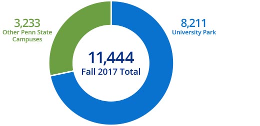 pie chart showing:
7,846 undergraduates enrolled at university park;
2,915 undergraduates enrolled at other penn state campuses;
10,761 total undergraduates enrolled in the college of engineering