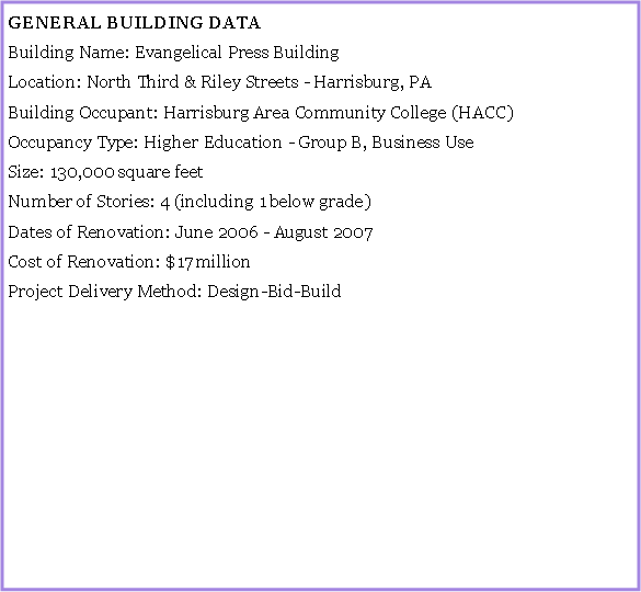 Text Box: GENERAL BUILDING DATABuilding Name: Evangelical Press BuildingLocation: North Third & Riley Streets - Harrisburg, PABuilding Occupant: Harrisburg Area Community College (HACC)Occupancy Type: Higher Education - Group B, Business UseSize: 130,000 square feetNumber of Stories: 4 (including 1 below grade)Dates of Renovation: June 2006 - August 2007Cost of Renovation: $17 millionProject Delivery Method: Design-Bid-Build