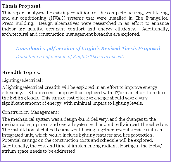 Text Box: Thesis Proposal.This report analyzes the existing conditions of the complete heating, ventilating, and air conditioning (HVAC) systems that were installed in The Evangelical Press Building.  Design alternatives were researched in an effort to enhance indoor air quality, occupant comfort and energy efficiency.  Additionally, architectural and construction management breadths are explored.		Download a pdf version of Kaylas Revised Thesis Proposal.	Download a pdf version of Kaylas Thesis Proposal.Breadth Topics.Lighting/Electrical:A lighting/electrical breadth will be explored in an effort to improve energy efficiency.  T8 fluorescent lamps will be replaced with T5s in an effort to reduce the lighting loads.  This simple cost effective change should save a very significant amount of energy, with minimal impact to lighting levels.Construction Management:The mechanical system was a design-build delivery, and the changes to the mechanical equipment and overall system will undoubtedly impact the schedule.  The installation of chilled beams would bring together several services into an integrated unit, which would include lighting features and fire protection.   Potential savings on the construction costs and schedule will be explored.  Additionally, the cost and time of implementing radiant flooring in the lobby/atrium space needs to be addressed. 