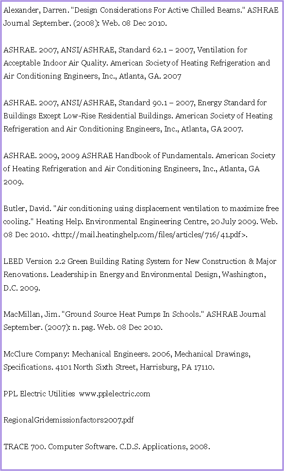 Text Box: Alexander, Darren. "Design Considerations For Active Chilled Beams." ASHRAE Journal September. (2008): Web. 08 Dec 2010.ASHRAE. 2007, ANSI/ASHRAE, Standard 62.1  2007, Ventilation for Acceptable Indoor Air Quality. American Society of Heating Refrigeration and Air Conditioning Engineers, Inc., Atlanta, GA. 2007ASHRAE. 2007, ANSI/ASHRAE, Standard 90.1  2007, Energy Standard for Buildings Except Low-Rise Residential Buildings. American Society of Heating Refrigeration and Air Conditioning Engineers, Inc., Atlanta, GA 2007.ASHRAE. 2009, 2009 ASHRAE Handbook of Fundamentals. American Society of Heating Refrigeration and Air Conditioning Engineers, Inc., Atlanta, GA 2009.Butler, David. "Air conditioning using displacement ventilation to maximize free cooling." Heating Help. Environmental Engineering Centre, 20 July 2009. Web. 08 Dec 2010. <http://mail.heatinghelp.com/files/articles/716/41.pdf>.LEED Version 2.2 Green Building Rating System for New Construction & Major Renovations. Leadership in Energy and Environmental Design, Washington, D.C. 2009. MacMillan, Jim. "Ground Source Heat Pumps In Schools." ASHRAE Journal September. (2007): n. pag. Web. 08 Dec 2010.McClure Company: Mechanical Engineers. 2006, Mechanical Drawings, Specifications. 4101 North Sixth Street, Harrisburg, PA 17110.PPL Electric Utilities  www.pplelectric.comRegionalGridemissionfactors2007.pdfTRACE 700. Computer Software. C.D.S. Applications, 2008.