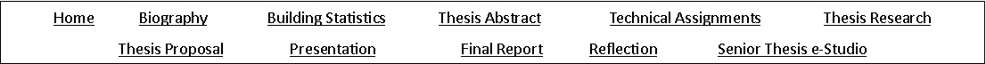 Text Box: Home		Biography		Building Statistics		Thesis Abstract		Technical Assignments		Thesis ResearchThesis Proposal		Presentation		Final Report		Reflection		Senior Thesis e-Studio