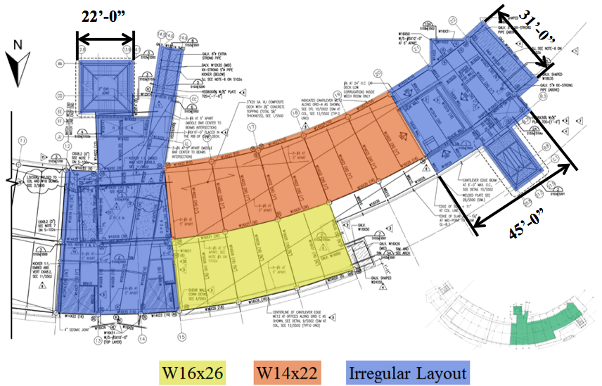 Figure 12 | Comparison of typical framing layout (yellow and orange) to irregular framing layout (blue)
