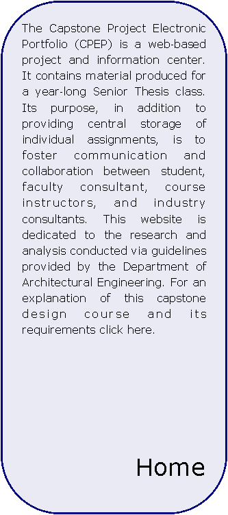 Rounded Rectangle: The Capstone Project Electronic Portfolio (CPEP) is a web‐based project and information center. It contains material produced for a year‐long Senior Thesis class. Its purpose, in addition to providing central storage of individual assignments, is to foster communication and collaboration between student, faculty consultant, course instructors, and industry consultants. This website is dedicated to the research and analysis conducted via guidelines provided by the Department of Architectural Engineering. For an explanation of this capstone design course and its requirements click here.Home 