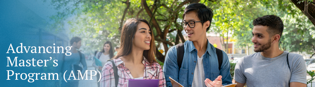 three students converse while walking across campus