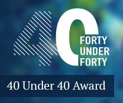 button with text overlay that reads 40 under 40 award