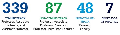 graphic showing: Tenure/tenure-track faculty: 310 (professor, associate professor, and assistant professor); Non-Tenure track: 58 (professor, associate professor, and assistant professor); 84 (lecturer/instructor)l and Non-Tenure track: 11 (researcher)