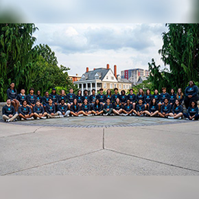 A large group of people pose for a photo