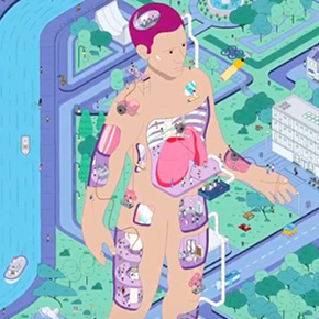 illustration of an oversized human body standing near a river and town