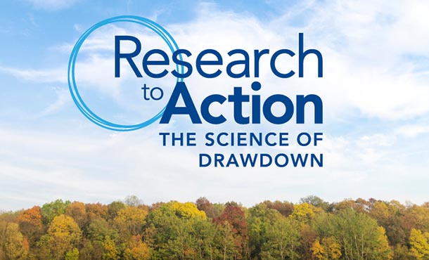 text overlay that reads "Research to Action, the Science of Drawdown"