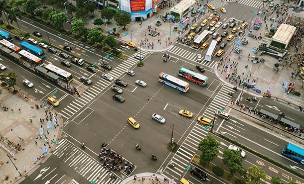 aerial view of busy city intersection