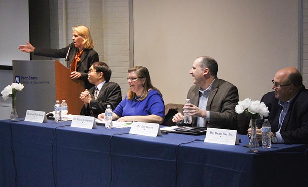 A group of mechanical engineers speak on a panel