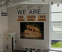 Room with banners hanging on the wall highlighting the academic honors of Penn State football players.