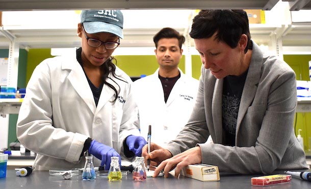 From left to right, a woman, a man, and a woman are going over data in a notebook placed on a lab bench.