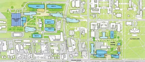 campus map showing locations of new facilities proposed for the College of Engineering in the facilities master plan