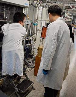 A man of short stature stands on a foot stool to work in a lab glove box while two others look on.