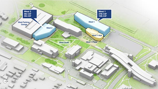 artist's rendering of bird's eye view of west campus expansion