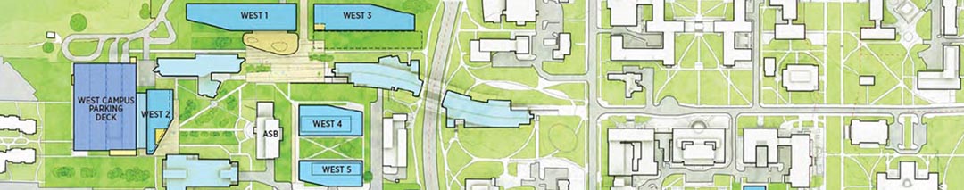 map showing locations of proposed new facilities on west campus